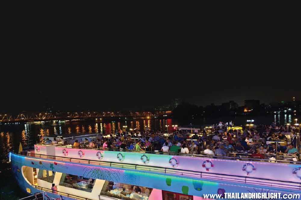 Experience night buffet dinning onboard Riverside Dinner Cruise Bangkok Largest Chao Phraya River Cruise with magnificent view on top deck cruise no roof