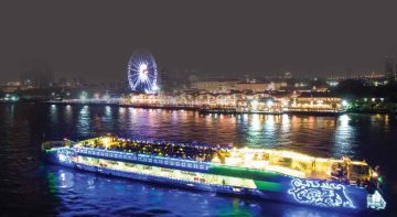 Experience night buffet dinning onboard Riverside Dinner Cruise Bangkok Largest Chao Phraya River Cruise with magnificent view on top deck cruise no roof